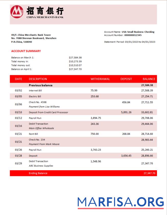 Downloadable China Merchants bank firm account statement Word and PDF template